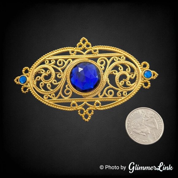 VTG Jonette Jewelry JJ Oval Filigree Blue Stone Edwardian Style Gold Tone Brooch - Picture 4 of 7